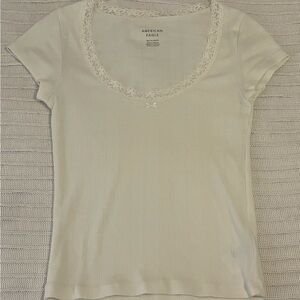 American Eagle Outfitters Women's Ivory Lace Scoop Neck Tee